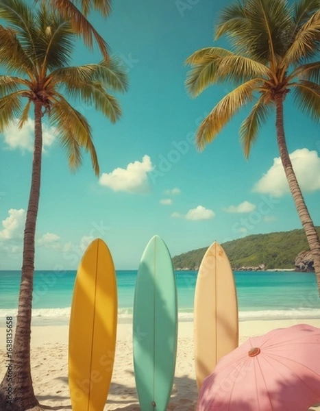 Fototapeta Retro beach scene with colorful surfboards, pastel umbrellas against backdrop of turquoise ocean, green hills. Tall palm trees frame sandy shore under clear blue sky with fluffy clouds. Idyllic