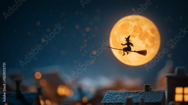 Obraz Witch Silhouette Flying Against Full Moon