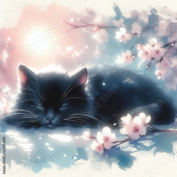 Obraz 陽だまりで眠る黒猫と桜の花