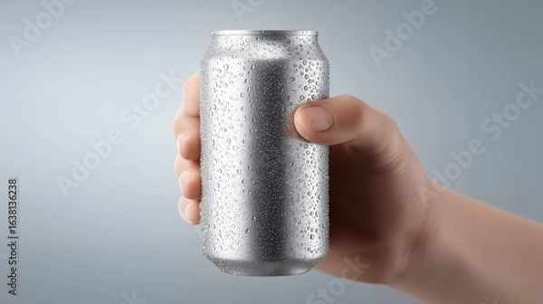 Obraz Hand Holding a Cold Silver Drink Can with Water Droplets