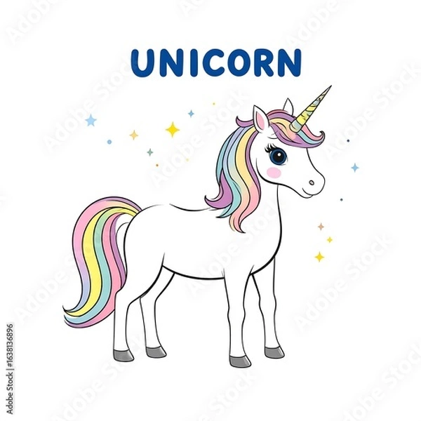 Fototapeta Charming unicorn illustration with rainbow mane and starry glitter background design