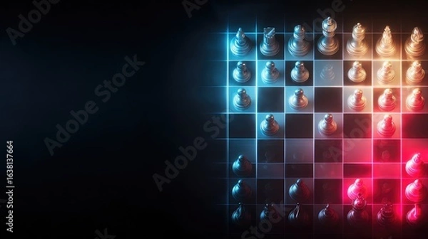 Fototapeta Digital chessboard interface on a glowing screen, viewed from top-down angle