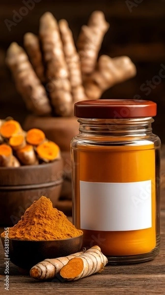 Obraz Fresh Raw Turmeric Roots with Powder on Wooden Table