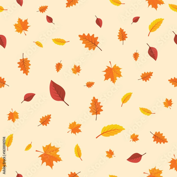 Fototapeta Seamless autumn pattern with leaves on yellow background. Flat autumn forest leaves