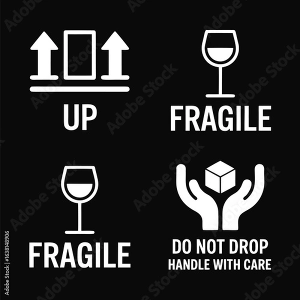 Fototapeta Black and White Packaging Symbols Handle with Care, Do Not Drop, Fragile, and This Side Up
