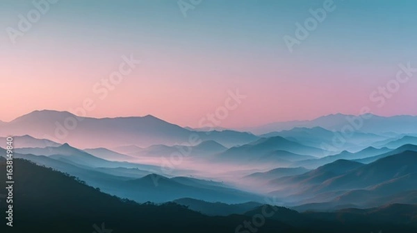 Fototapeta Misty mountain range at dawn.