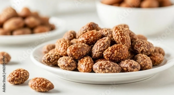 Fototapeta Candied almonds on a white plate. Sweet roasted sugared nuts snack. Close-up of caramelized almonds with a crunchy sugar coating.