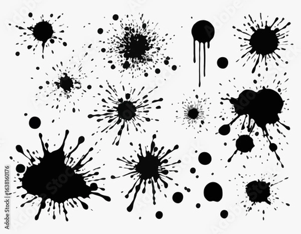 Obraz Hand Drawn Ink Splatter Vector Set – Round Small Paint Splashes, Black on White Background