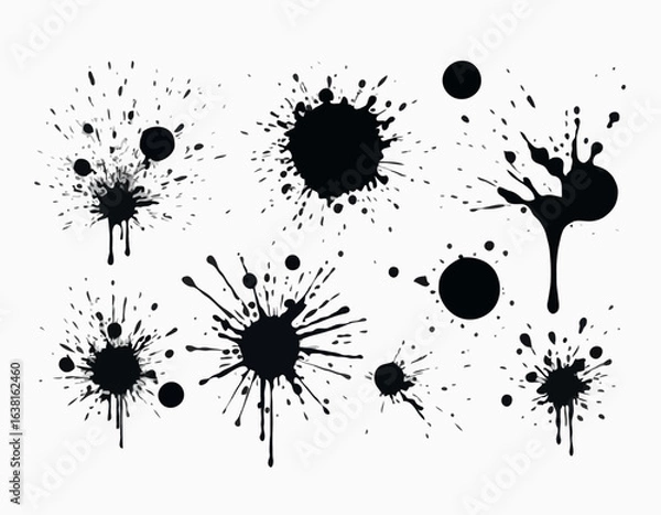 Obraz Hand Drawn Ink Splatter Vector Set – Round Small Paint Splashes, Black on White Background