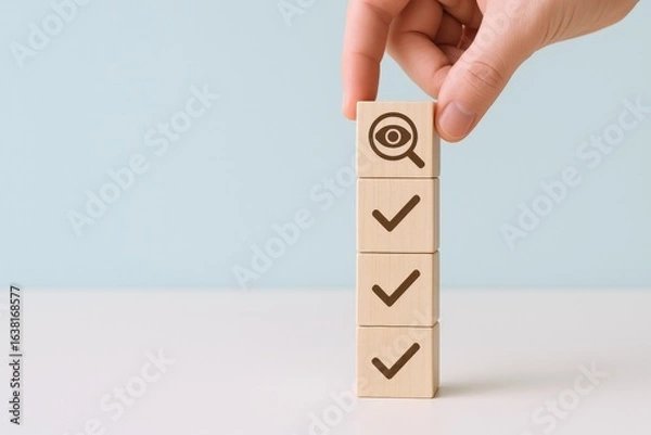 Fototapeta Hand Stacking Wooden Blocks with Magnifying Glass and Check Marks for Checklist Concept