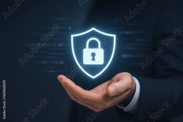 Fototapeta Data protection concept with hand holding digital shield, ensuring cybersecurity and privacy in the modern digital age