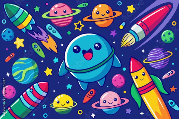 Fototapeta Adorable cartoon planets and rockets create a fun, playful space adventure, perfect for children's books, educational materials, and vibrant designs that spark imagination