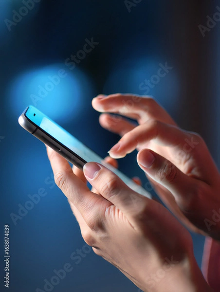 Fototapeta Close up of hands using a modern smartphone for communication and entertainment against a blue background showcasing mobile technology and connectivity