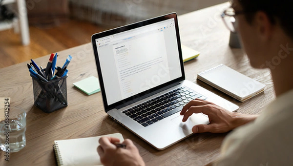 Fototapeta Focused Professional Working from Home on Laptop Analyzing Data and Writing Notes for Increased Productivity and Success