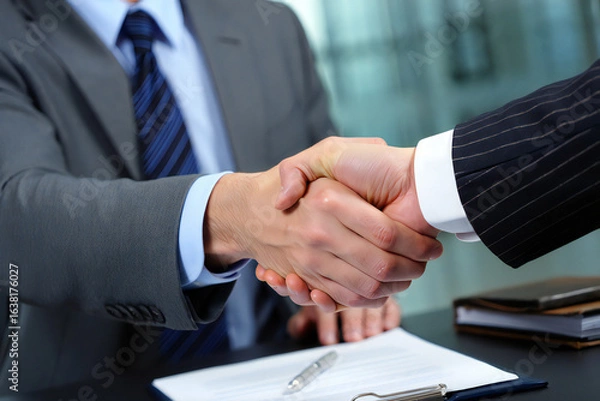 Fototapeta Professional Business Handshake Showing Partnership Collaboration and Deal Making Between Two Executives in an Office Environment