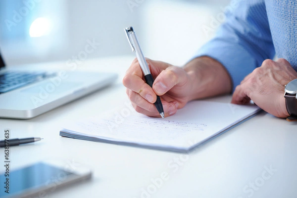 Fototapeta Close up of Business Professional Writing on Paper in Office Setting with Laptop and Smartphone Documenting Work Tasks