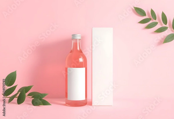 Obraz Pink Wine Bottle with Box on Leaf Background