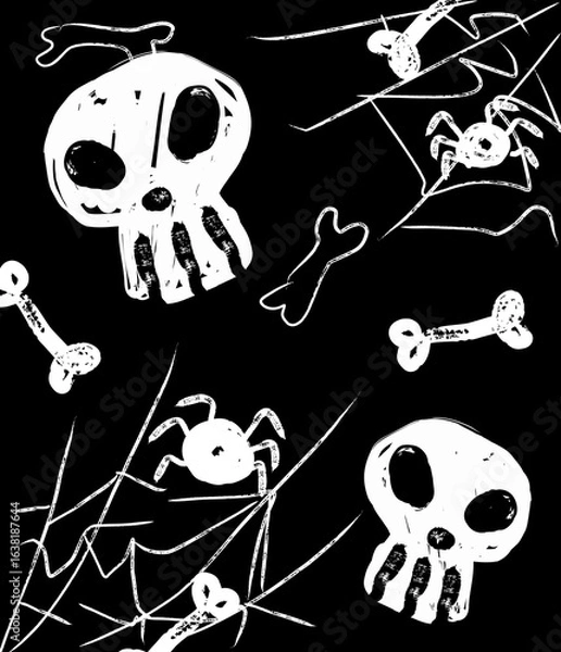 Obraz halloween black and white handdraw vector background with skull spider 