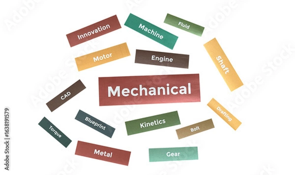 Obraz Mechanical Engineering Word Cloud PNG – Paper Cutout Style for Machines and Design