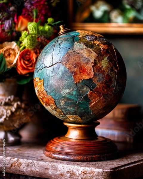 Fototapeta Eclectic art deco desk globe with dadaist textures in warm brown and green shades, surreal and stylish