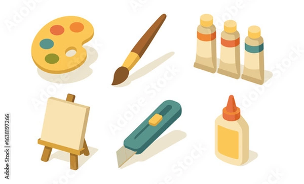 Fototapeta Creative art set with palette, brush, canvas, and tools in isometric style
