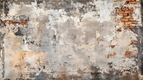 Fototapeta Photograph of weathered, textured concrete wall with exposed red bricks and staining.