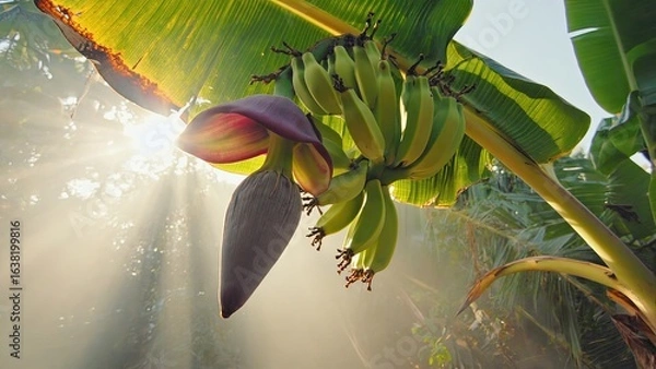 Fototapeta Banana plant with flower and ripe fruit illuminated by sunlight in a tropical setting