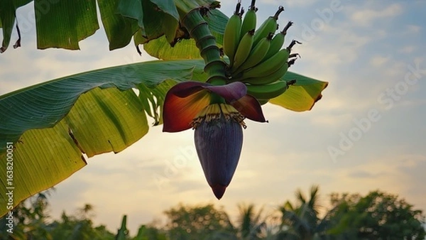 Fototapeta Banana blossom hanging from tree in tropical setting during sunset in a rural area