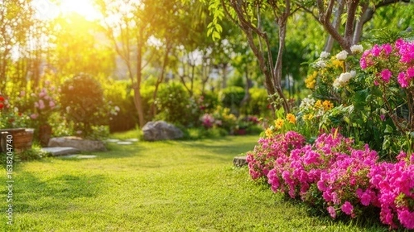 Fototapeta Neatly manicured lawn with a patch of vibrant flowers soaking in morning sunlight