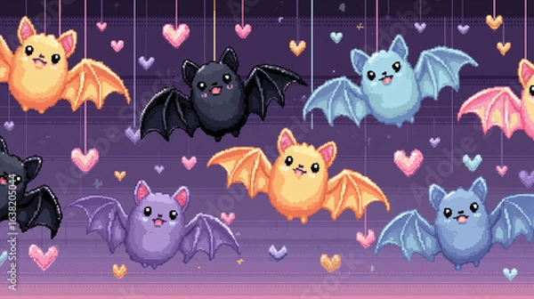 Obraz Cute pixel bats with hearts seamless pattern on purple gradient