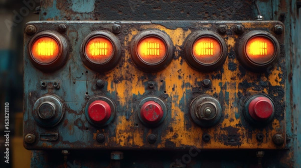 Fototapeta Worn metal control panel with aged switches in a workshop