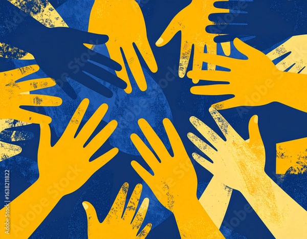 Fototapeta Minimalist Risograph composition with overlapping abstract human hands in saturated mustard yellow and navy blue, rough grainy paper texture image