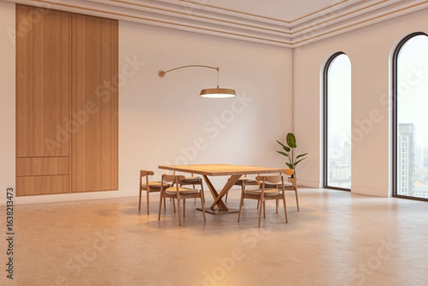 Fototapeta Modern spacious corner conference room with wooden furniture and city view through large arched windows in contemporary office building. 3D Rendering