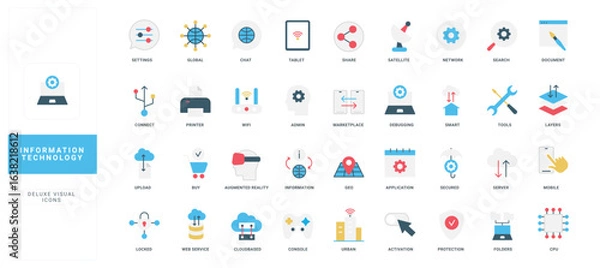 Obraz Information technology, cloud data system and computer network, server color icon set. Process administration and support, application and software settings, smart solutions flat vector illustration