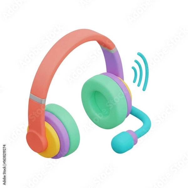 Fototapeta A vibrant, colorful 3D headset with an integrated microphone, symbolizing audio communication, online support, and digital entertainment.