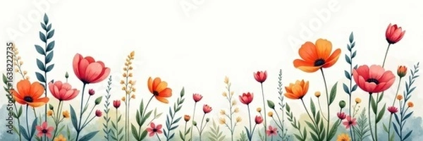 Fototapeta Loose hand-drawn style wildflowers, soft watercolor background, nature inspired , field, pretty, soft