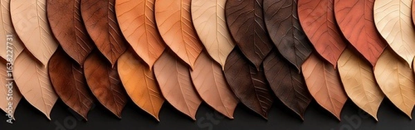 Obraz A vibrant arrangement of leather leaves in varied shades of brown, showcasing intricate textures and patterns against a dark background.