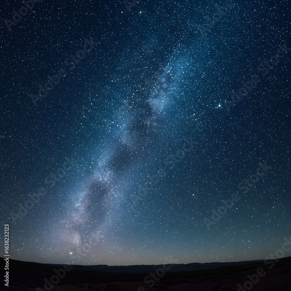 Fototapeta Deep blue cosmos filled with countless stars and the majestic Milky Way galaxy. An awe-inspiring celestial skyscape over a tranquil horizon.