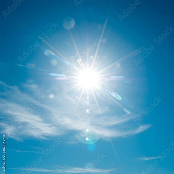 Fototapeta The radiant midday sun shines brilliantly in a clear blue sky, creating a beautiful starburst effect and lens flare over a soft cloud.