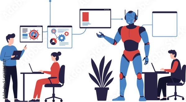 Fototapeta Vector illustration showing human and robot office collaboration, analyzing digital data on multiple screens, highlighting the synergy of AI and human intelligence in modern business.