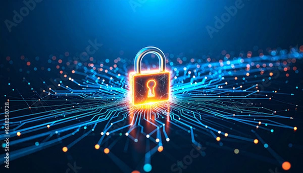Fototapeta Digital Fortress: A radiant padlock, representing data security, is illuminated at the heart of a complex digital network, embodying cyber protection and safety in the realm of technology. 