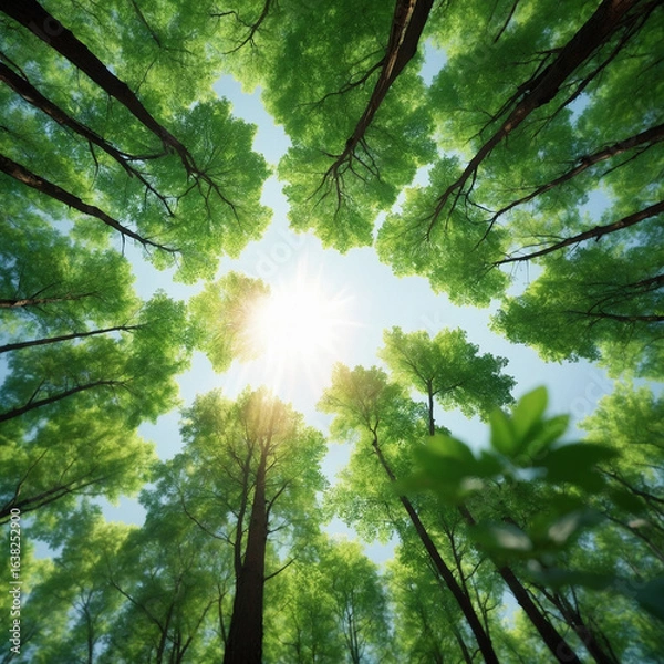 Obraz Lush green treetops reach for brilliant sunlight in a vibrant forest