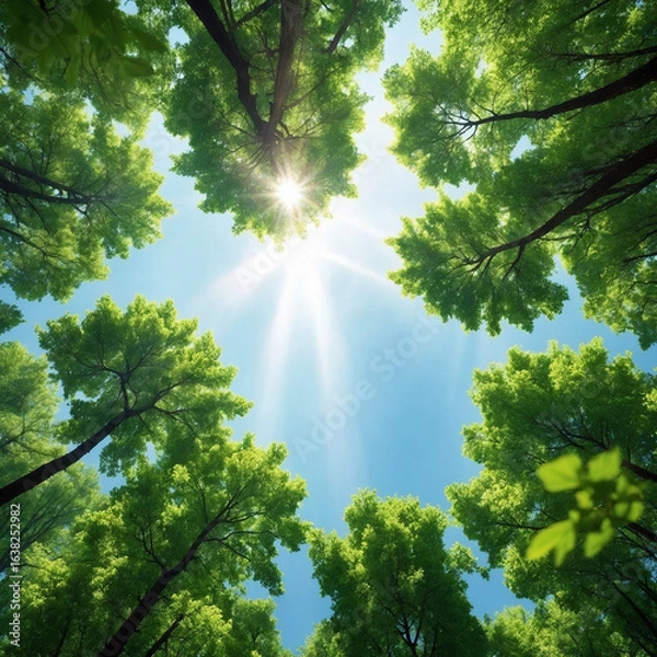 Fototapeta Tranquil sun shining through vibrant green canopy creating peaceful mood