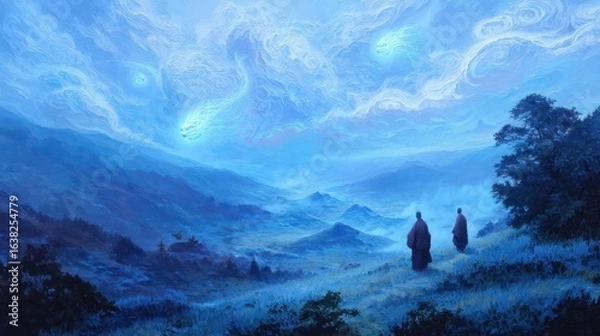 Fototapeta Ethereal Landscape with Wandering Monk and Mystical Spirits