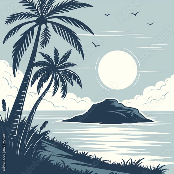 Fototapeta Stylized vector illustration of a tranquil tropical island scene with palm trees and a bright sun ocean