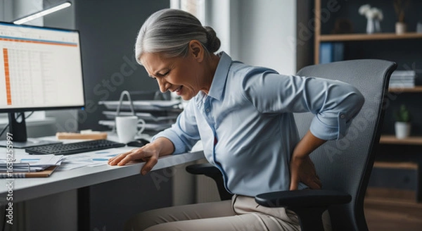 Fototapeta An elderly woman experiences severe back pain, possibly due to poor posture or prolonged sitting while working on a computer