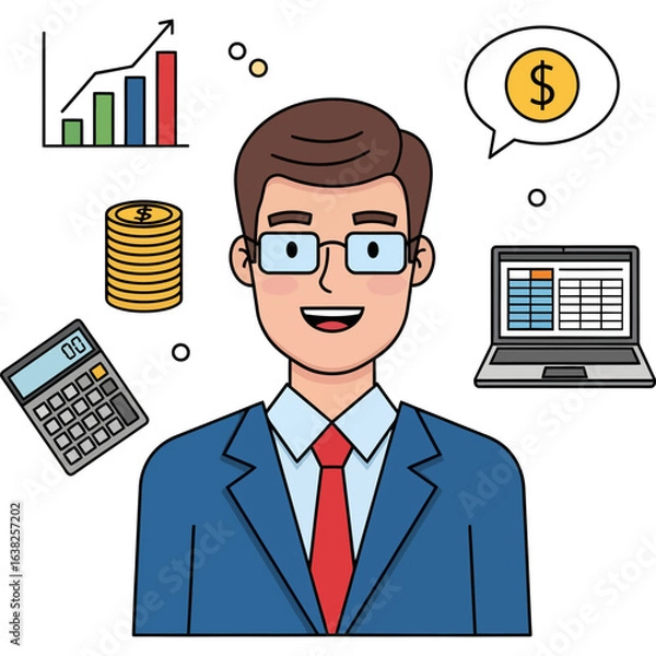 Fototapeta Businessman character managing finances. Illustration of a financial advisor with icons for accounting, investment, and data analysis.