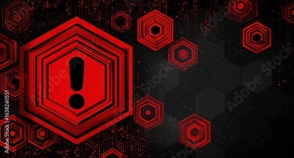 Fototapeta Red exclamation mark icons on a dark digital backdrop