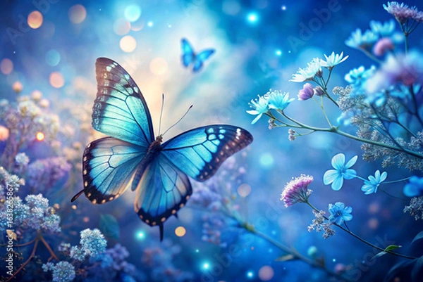 Fototapeta Serene Flight Through a Floral Sky, A Vibrant Butterfly Soars Amidst Delicate Blooms, Captured in a Moment of Grace and Tranquility