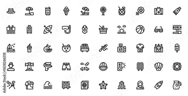 Obraz Summer vacation icon set. Beach vector collection. Includes hat, umbrella, ice cream, bikini, sunscreen, kayak, surfboard, coconut drink and more. Tropical travel essentials.